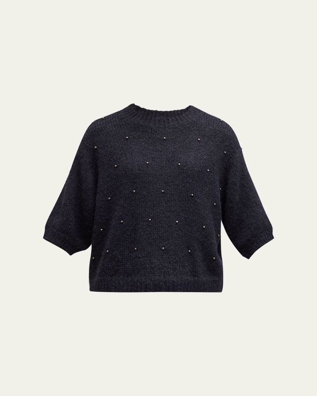 Studded Short-Sleeve Alpaca Wool Mock-Neck Sweater